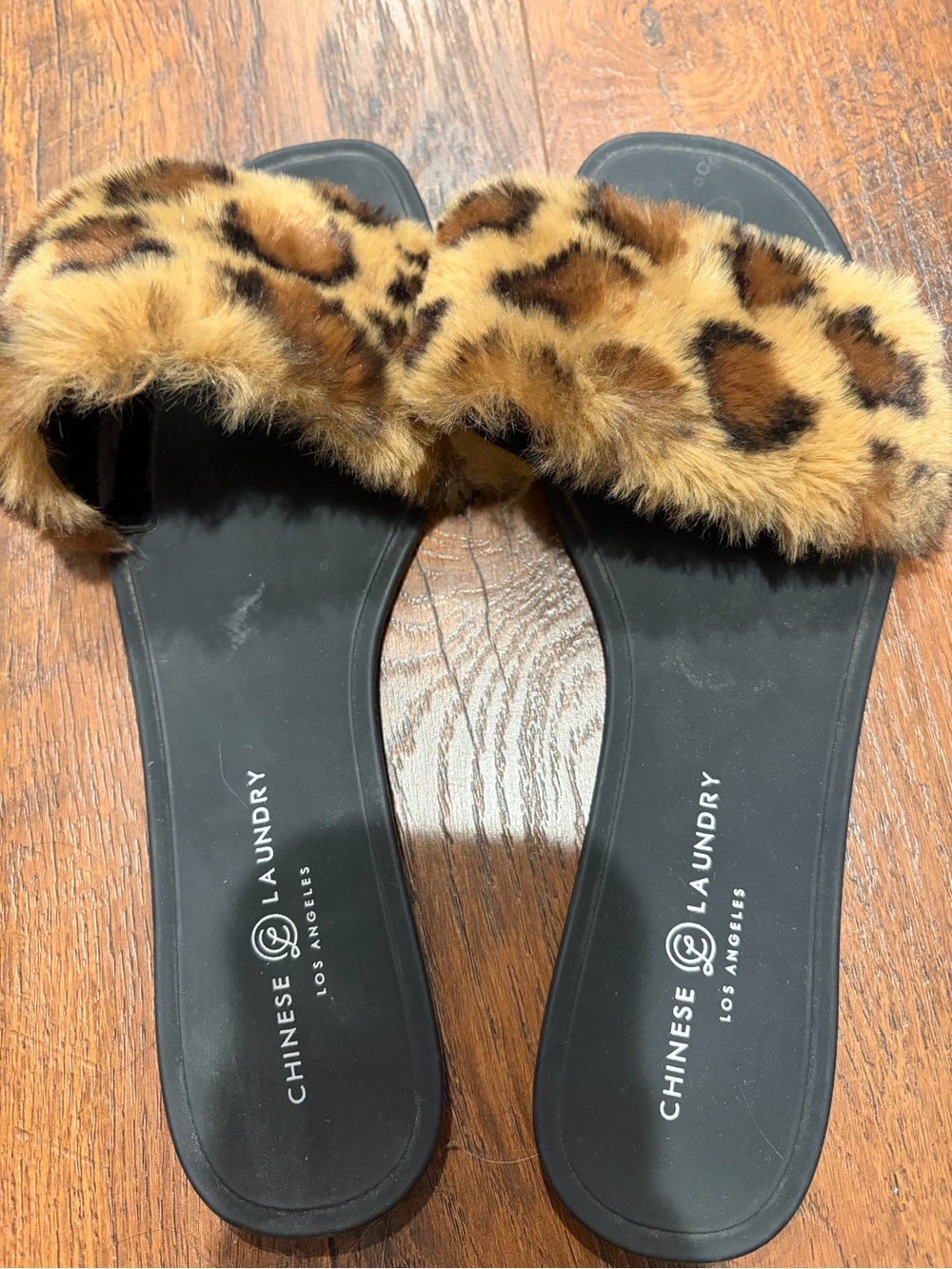 Chinese Laundry Leopard Faux-Fur Slide Sandals in Brown and Black